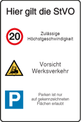 Vorlage: Verkehrstafel - Höchstgeschwindigkeit - Vorsicht Werksverkehr - Parksymbol
