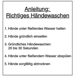 Vorlage: Anleitung: Richtiges Händewaschen - 1. Hände unter fließendes Wasser halten. 2. Hände gründlich einseifen 3. Gründliches Händewaschen: 20 bis 30 Sekunden. 4. Hände unter fließendem Wasser abspülen. 5. Hände sorgfältig abtrocknen