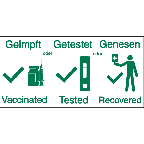 Vorlage: Aufkleber: 3-G-Regel - Geimpft - Getestet - Genesen - Vaccinated - Tested - Recovered