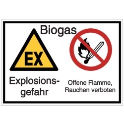 Vorlage: Biogas - Explosionsgefahr - Offene Flamme, Rauchen verboten