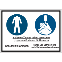 Vorlage: In diesem Zimmer gelten besondere Hygienemaßnahmen für Besucher – Schutzkittel anlegen – Hände vor Betreten und nach Verlassen desinfizieren