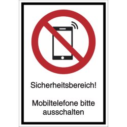 Vorlage: Kombi-Verbotsschild Sicherheitsbereich! Mobiltelefone bitte ausschalten