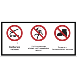 Vorlage: Mehrsymbol-Schild Kopfsprung verboten - Für Personen unter Alkohol- und Drogeneinfluss verboten - Tragen von Straßenschuhen verboten