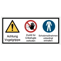 Vorlage: Mehrsymbol-Schilder-Vorlage: Achtung Vogelgrippe, Zutritt für Unbefugte verboten, Schutzmaßnahmen...