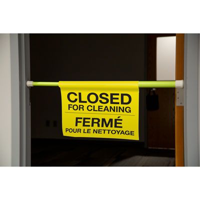 Bilingual French Closed For Cleaning Hanging Doorway Barricade Sign Kit
