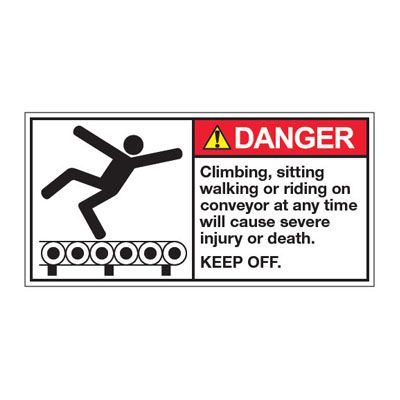 ANSI Z535 Safety Labels - Danger Climbing, Sitting, Walking Or Riding On Conveyor