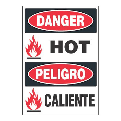 Bilingual ToughWash® Adhesive Signs - Danger Hot