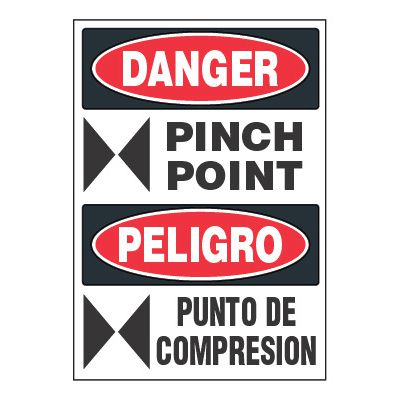 Bilingual ToughWash® Adhesive Signs - Danger Pinch Point