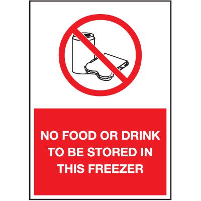 Cold Adhesion Safety Labels - No Food Or Drink To Be Stored In This Freezer (W/ Graphic)