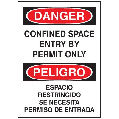 Confined Space Labels - Confined Space Entry By Permit Only (Bilingual)