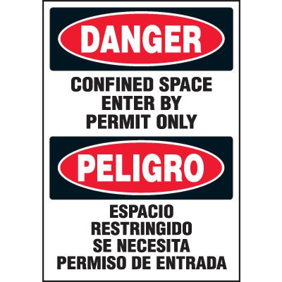 Bilingual Danger Labels - Confined Space Enter By Permit Only
