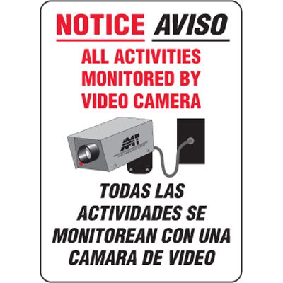 Bilingual Eco-Friendly Signs - Notice Aviso All Activities Monitored By Video Camera