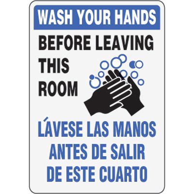 Bilingual Eco-Friendly Signs - Wash Your Hands Before Leaving This Room