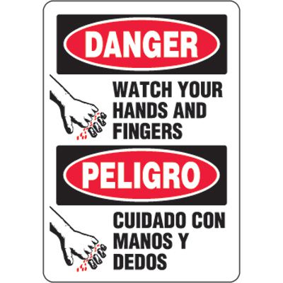 Bilingual Eco-Friendly Signs - Danger Watch Your Hands and Fingers