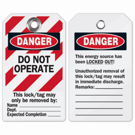 Black/Red Lockout Tags on White Heavy Duty Polyester (65520) by Brady