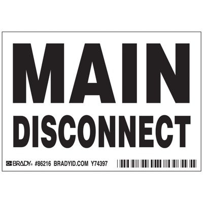 Brady Main disconnect Labels - Part Number - 86216 - 5/Pack