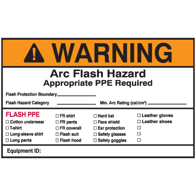 NEC Arc Flash Protection Labels - Warning Arc Flash Hazard Appropriate PPE Required