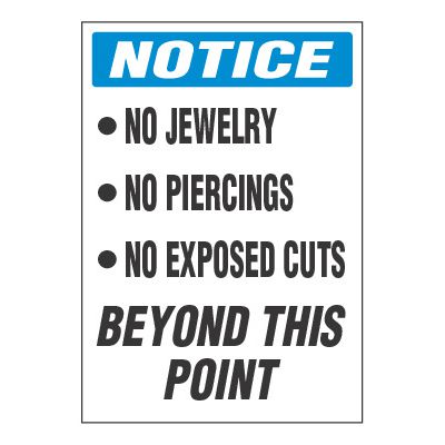 ToughWash® Adhesive Signs - Notice No Jewelry No Piercings