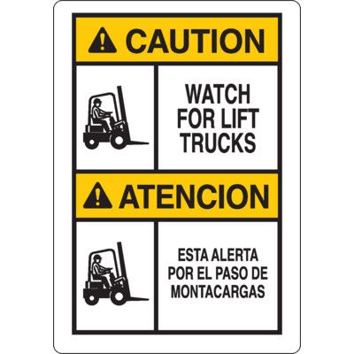 Caution: Watch For Lift Trucks Bilingual Sign