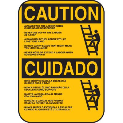 Caution: Bilingual Ladder Safety Rules Sign