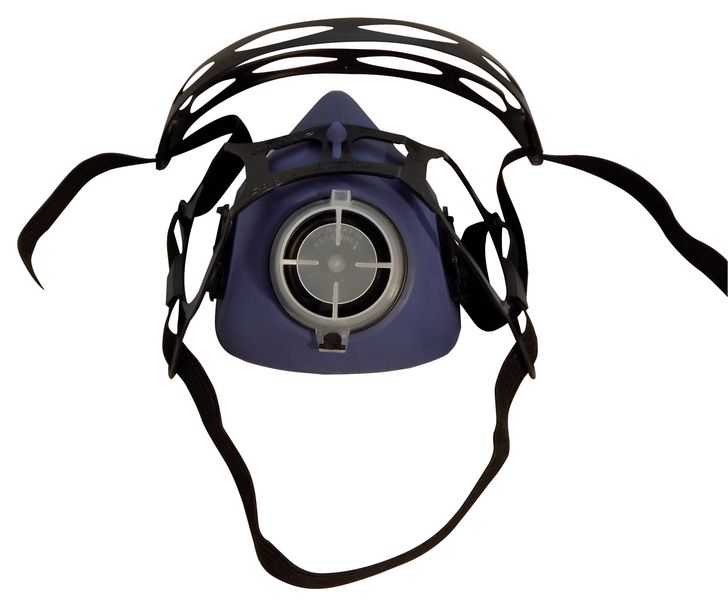 Demi-masque de protection respiratoire bi-filtre en élastomère, avec système de fixation click