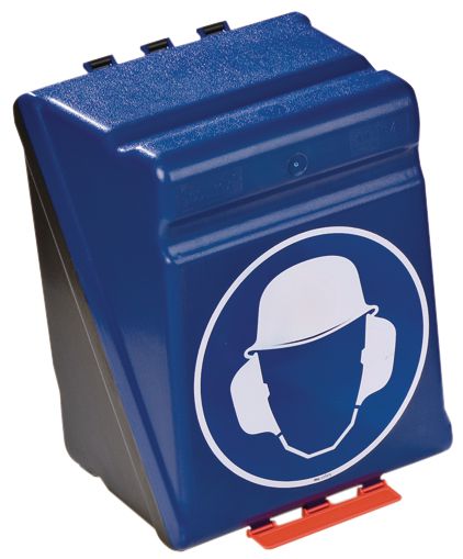 Boîtes de rangement standards pour EPI avec pictogramme "Casque de protection et serre-tête antibruit obligatoires"