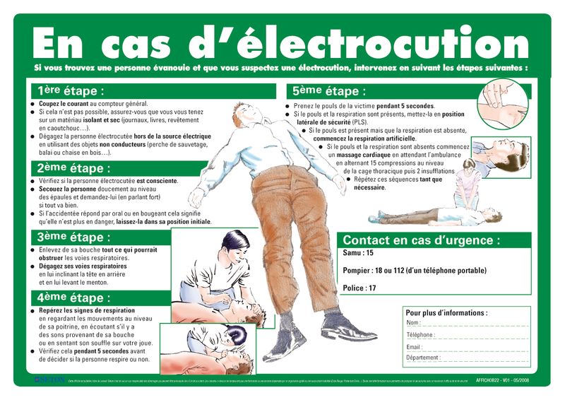 Affiche de premiers secours sur les gestes à faire en cas d'électrocution