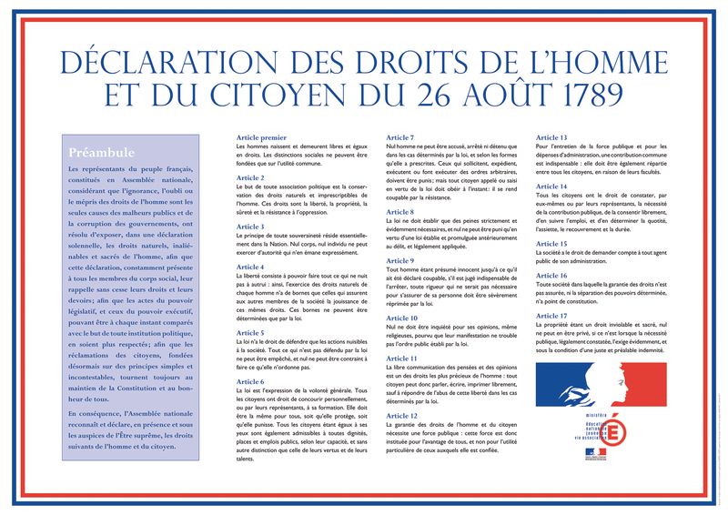 Affiche réglementaire de la "Déclaration des Droits de l'Homme et du Citoyen" (DDHC)
