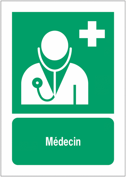 Panneaux ISO 7010 premiers secours à message vertical - Médecin - E009