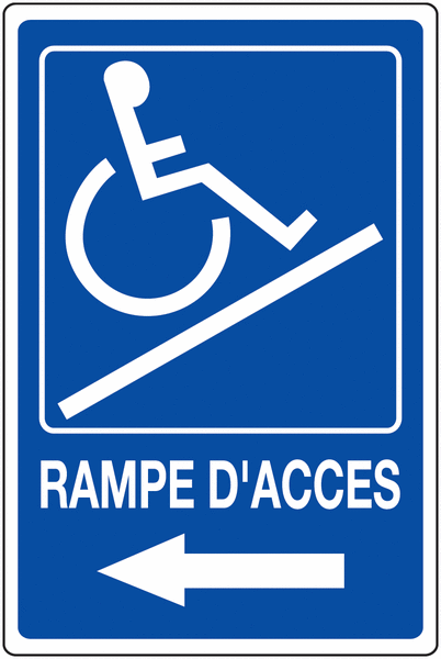 Panneau mural "Rampe d'accessibilité handicapés - Flèche à gauche" avec texte Rampe d'accès