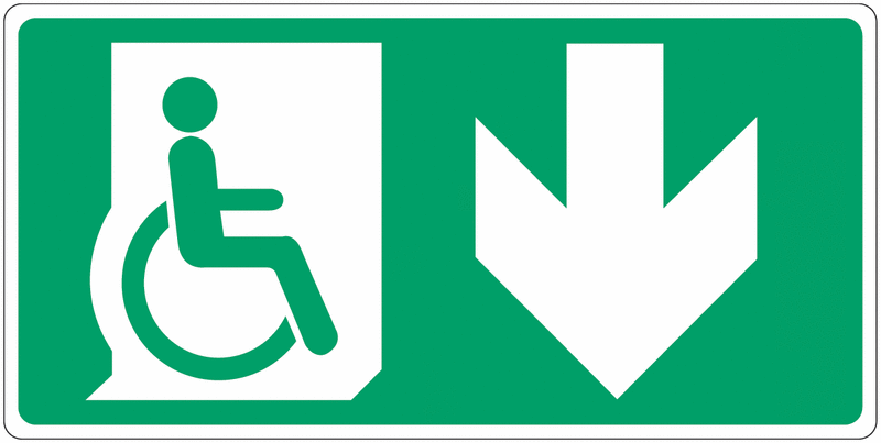 Panneau d'évacuation "Handicapés, flèche en bas"