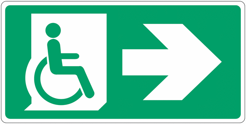 Panneau d'évacuation "Handicapés, flèche à droite"