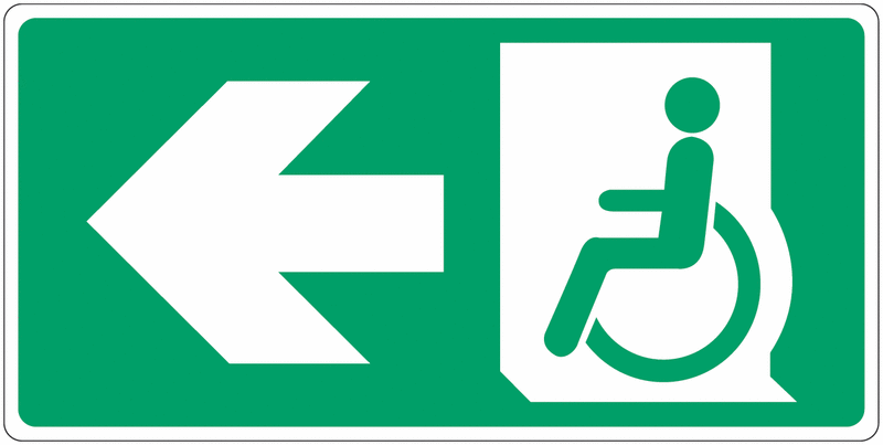 Panneau d'évacuation "Handicapés, flèche à gauche"