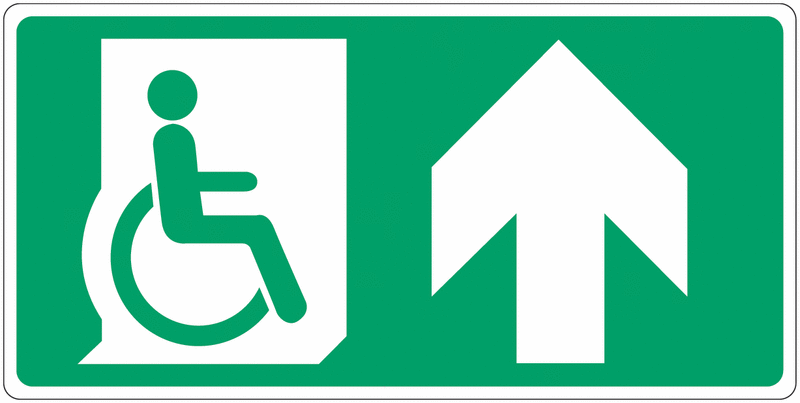 Panneau d'évacuation "Handicapés, flèche en haut"