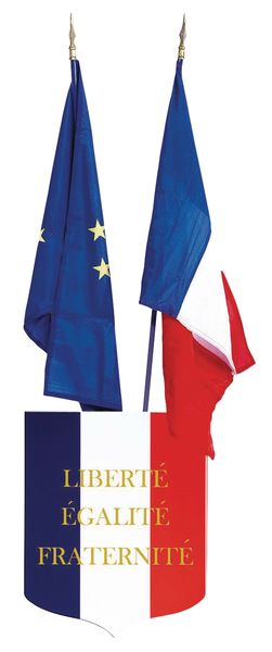 Blason avec devise et drapeaux français et européen pour écoles