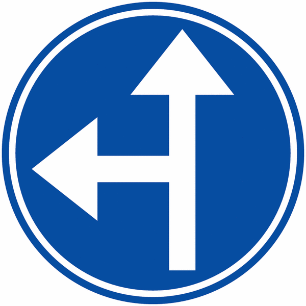 Panneau de parking annonçant une direction obligatoire tout droit ou à gauche