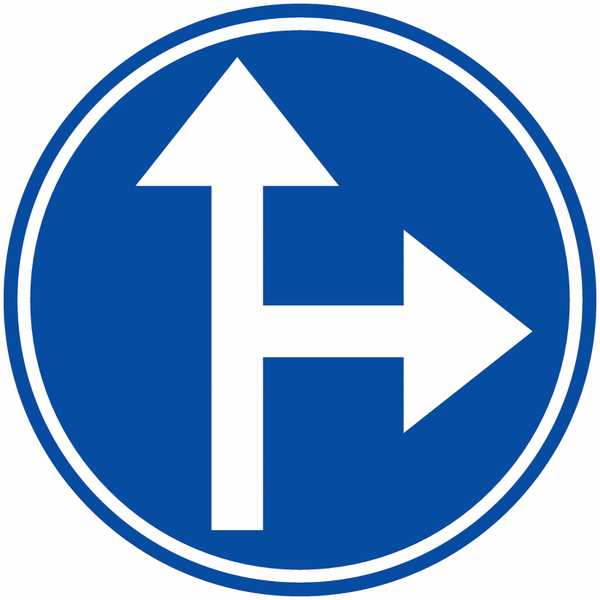 Panneau de parking annonçant une direction obligatoire tout droit ou à droite