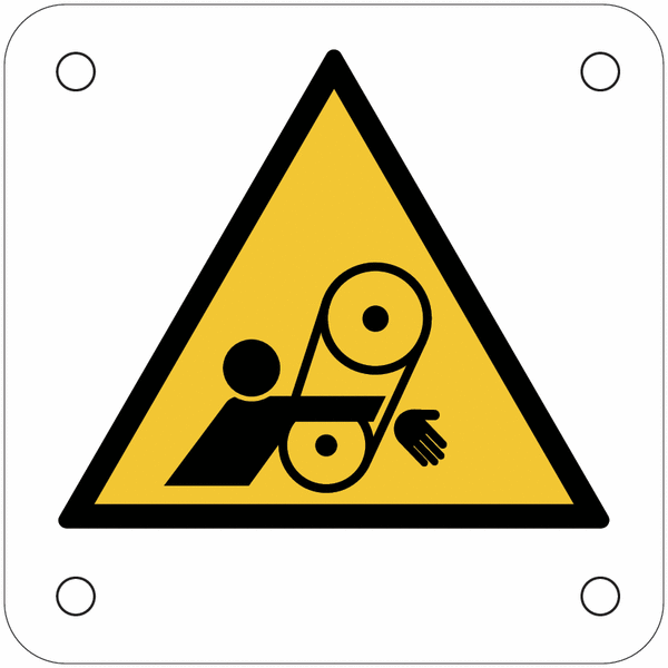 Plaques de signalisation pour machines "Danger, risque d'entraînement du bras dans la courroie"
