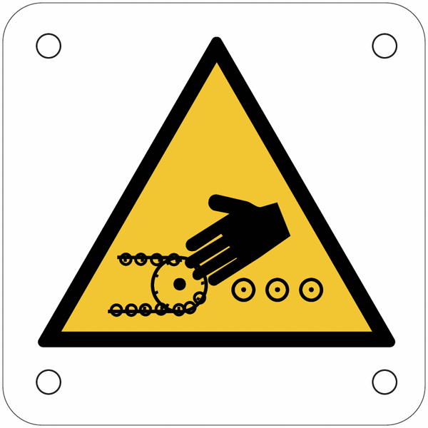 Plaques de signalisation pour machines "Risque d'entraînement de la main à la jonction des convoyeurs"