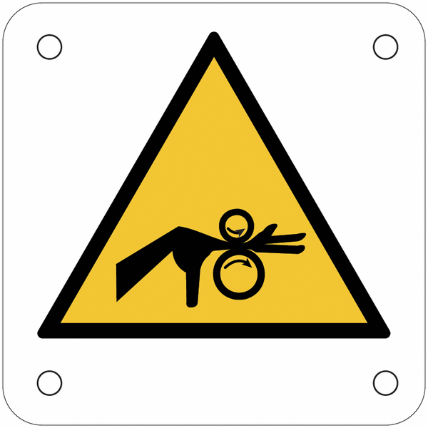 Plaques de signalisation pour machines "Danger, risque d'entraînement horizontal de la main dans le roulement"
