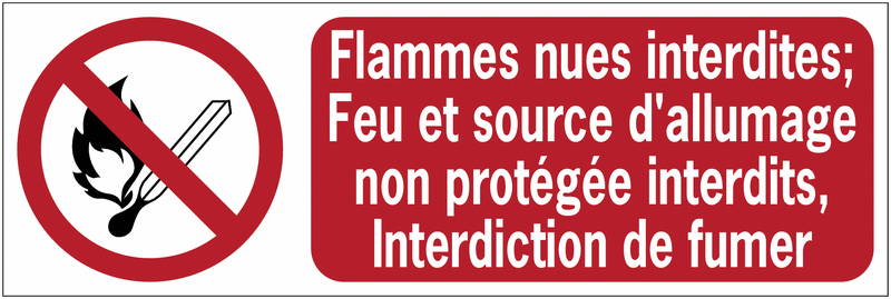 Panneaux ISO 7010 horizontaux Flammes nues interdites; Feu et source d'allumage non protégée interdits, Interdiction de fumer - P003