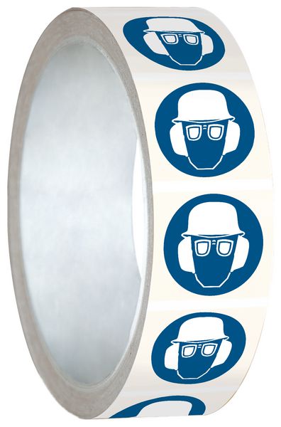 Mini-pictogrammes d'obligation "Casque de protection, lunettes de protection et serre-tête antibruit obligatoires" en rouleau
