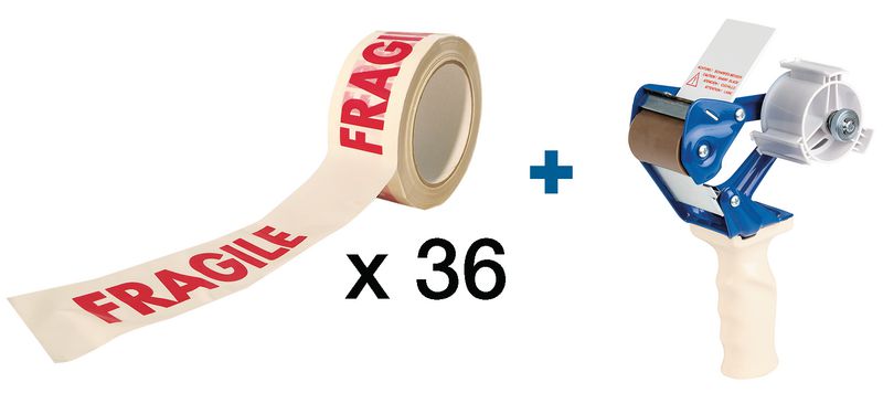 Kit 36 rouleaux d'emballage avec texte "Fragile" + Dévidoir