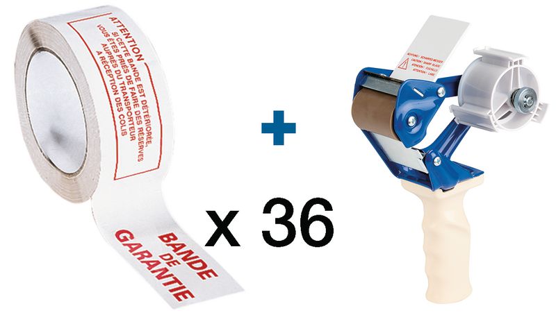 Kit 36 rouleaux d'emballage avec texte "Bande de garantie" + Dévidoir