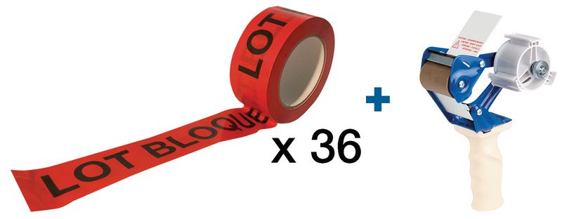 Kit 36 rouleaux d'emballage avec texte "Lot bloqué" + Dévidoir