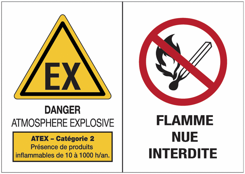 Panneaux ATEX Catégorie 2 avec symboles - Atmosphère explosive - Flammes nues interdites