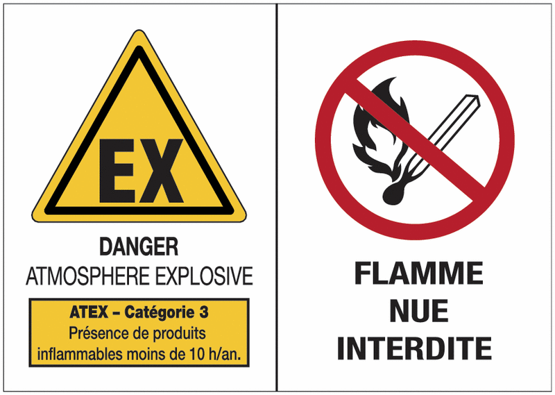 Panneaux ATEX Catégorie 3 avec symboles - Atmosphère explosive - Flammes nues interdites