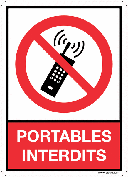 Plaque en plexiglas d'interdiction pictogramme et texte "portables interdits"