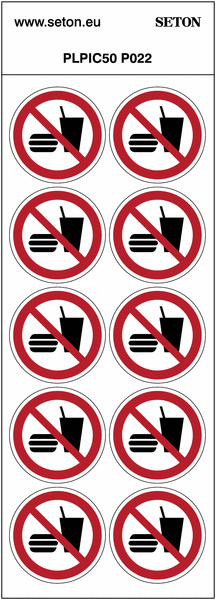 Pictogrammes en planche ISO 7010 "Interdiction de manger ou boire" P022