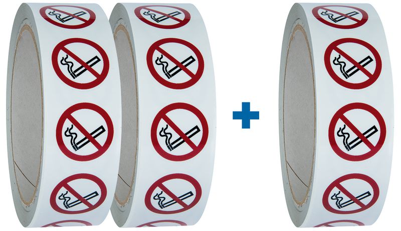 Lot de 3 rouleaux de pictogrammmes ISO 7010 Interdiction de fumer - P002 (2+1 gratuit)